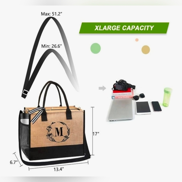 Monogrammed Embroidered Jute Tote Bag Zipper Pocket -Personalized Gift- Letter J - Picture 8 of 11